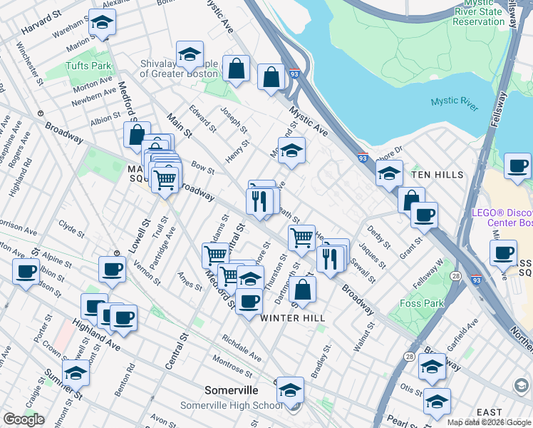 map of restaurants, bars, coffee shops, grocery stores, and more near 107 Heath Street in Somerville