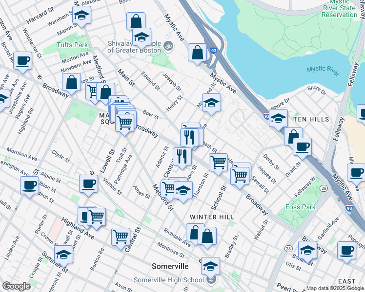 map of restaurants, bars, coffee shops, grocery stores, and more near 33 Main Street in Somerville