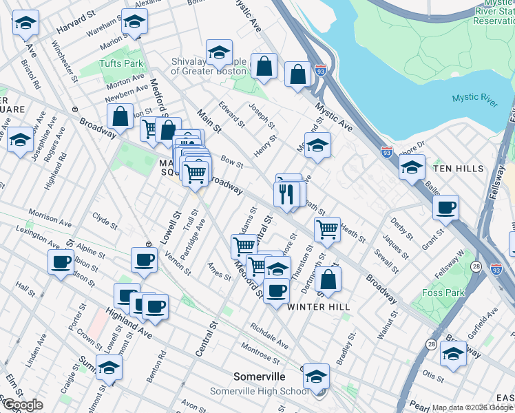 map of restaurants, bars, coffee shops, grocery stores, and more near in Somerville