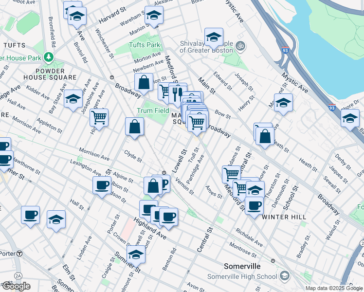 map of restaurants, bars, coffee shops, grocery stores, and more near 5 Lowell Terrace in Somerville