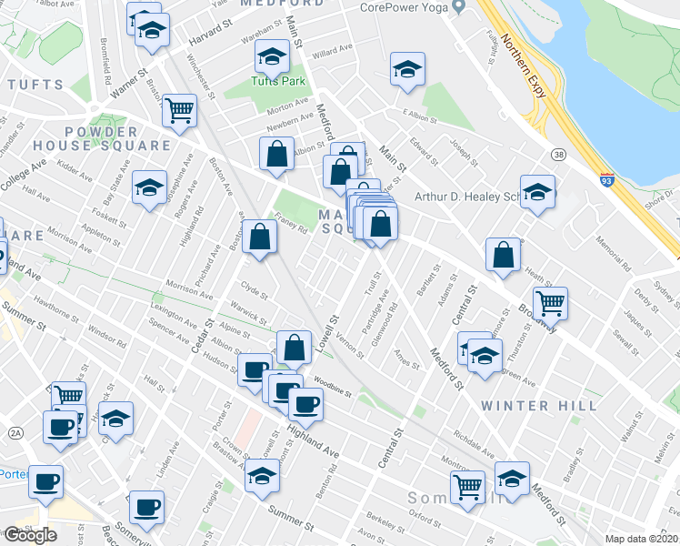 map of restaurants, bars, coffee shops, grocery stores, and more near 5 Lowell Terrace in Somerville