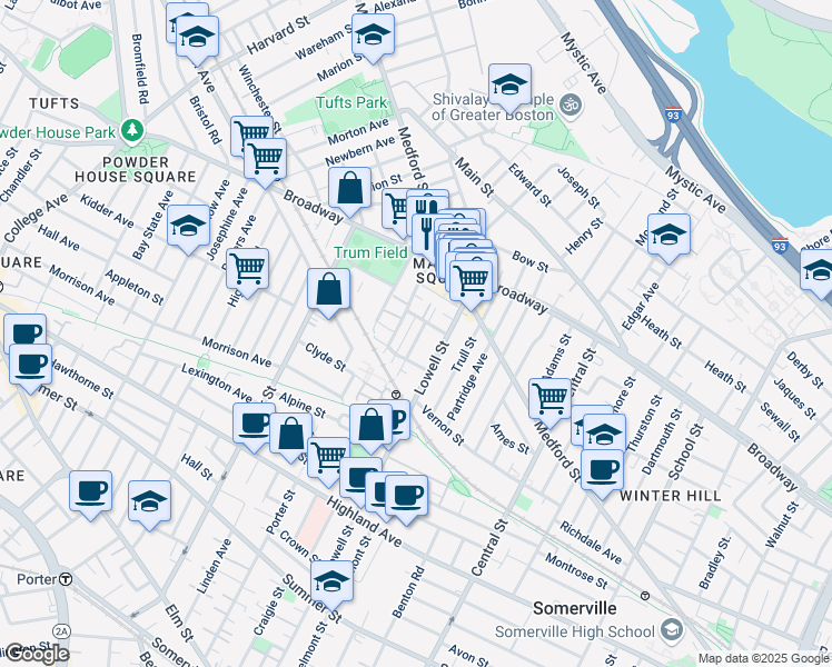 map of restaurants, bars, coffee shops, grocery stores, and more near 36 Hinckley Street in Somerville