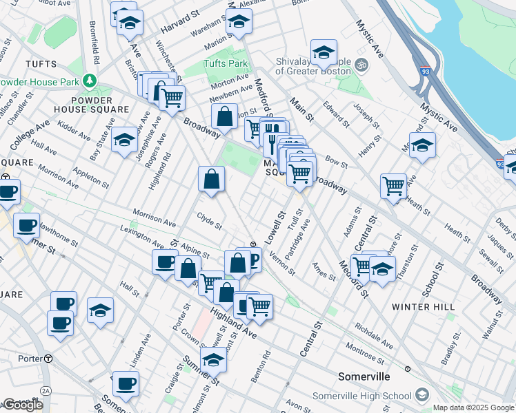 map of restaurants, bars, coffee shops, grocery stores, and more near in Somerville