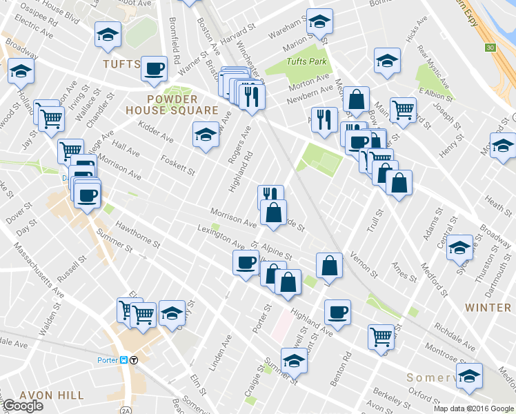 map of restaurants, bars, coffee shops, grocery stores, and more near 48 Boston Avenue in Somerville