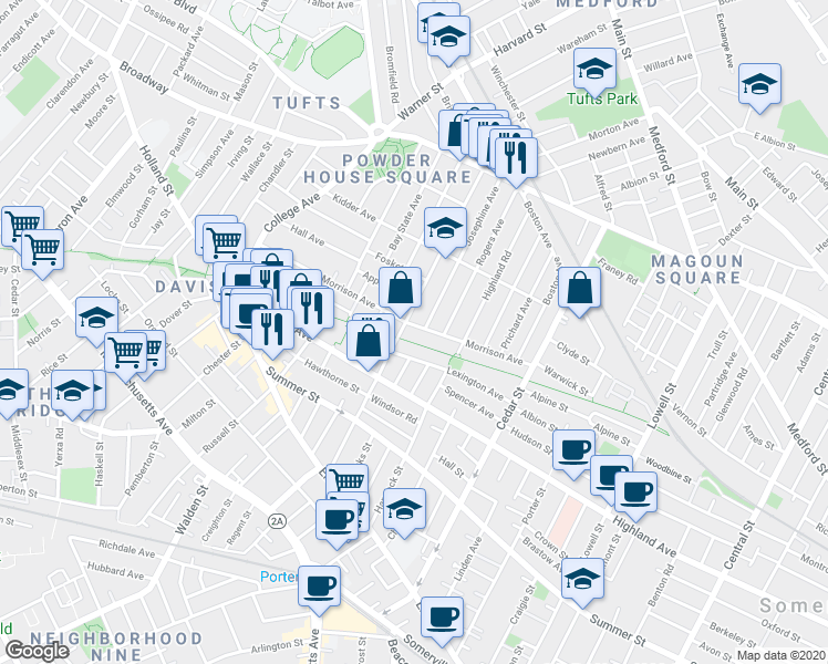 map of restaurants, bars, coffee shops, grocery stores, and more near 12 Josephine Avenue in Somerville