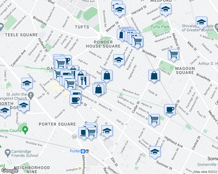 map of restaurants, bars, coffee shops, grocery stores, and more near 12 Josephine Avenue in Somerville