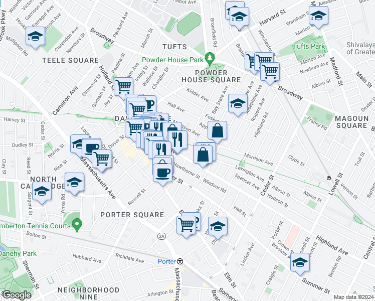 map of restaurants, bars, coffee shops, grocery stores, and more near 97 Winslow Avenue in Somerville