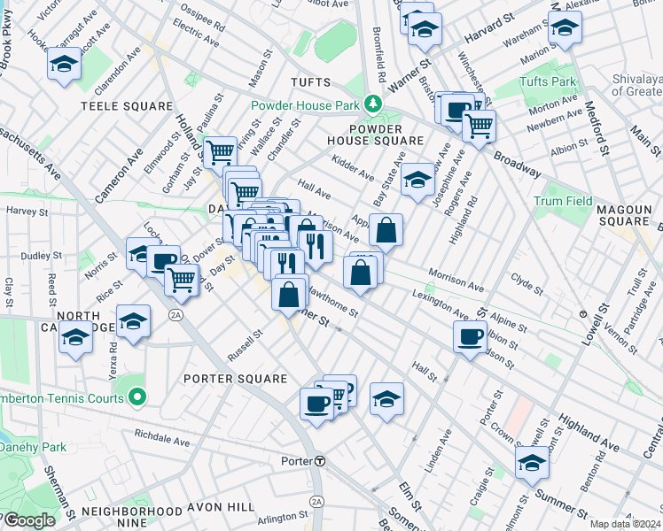 map of restaurants, bars, coffee shops, grocery stores, and more near 97 Winslow Avenue in Somerville