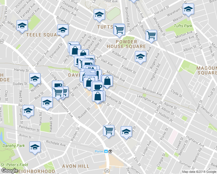 map of restaurants, bars, coffee shops, grocery stores, and more near 29 Ellington Road in Somerville