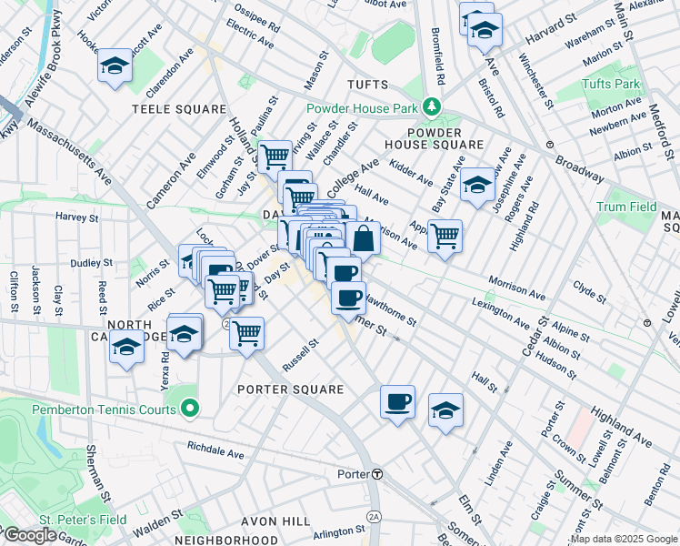 map of restaurants, bars, coffee shops, grocery stores, and more near 403 Highland Avenue in Somerville
