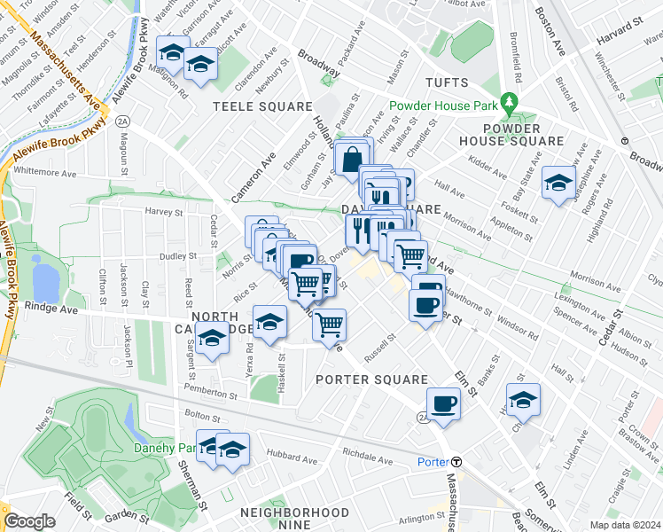 map of restaurants, bars, coffee shops, grocery stores, and more near 155 Orchard Street in Somerville