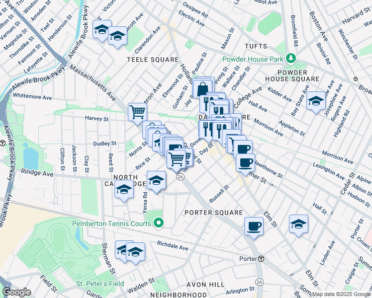 map of restaurants, bars, coffee shops, grocery stores, and more near 155 Orchard Street in Somerville