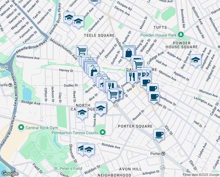 map of restaurants, bars, coffee shops, grocery stores, and more near 9 Locke Street in Cambridge