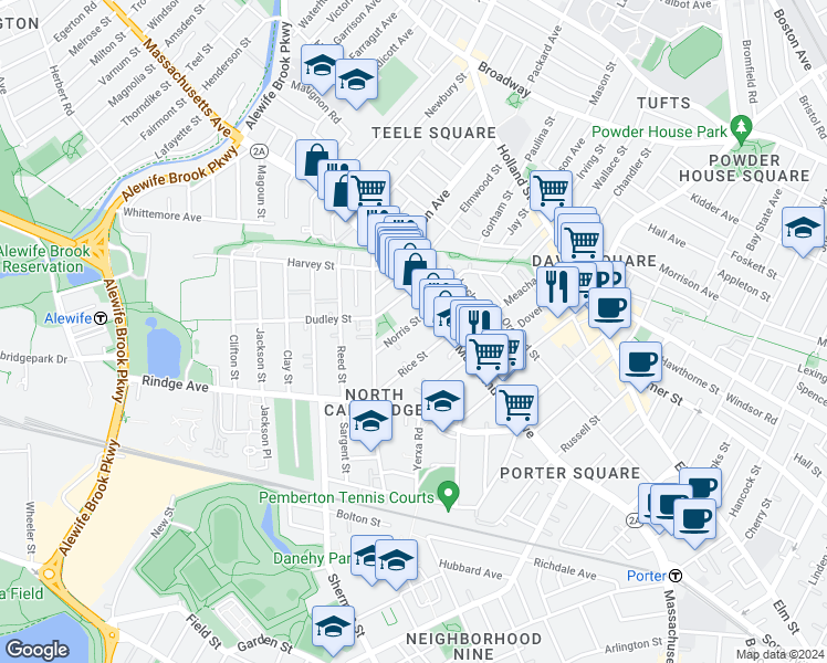 map of restaurants, bars, coffee shops, grocery stores, and more near 22 Dudley Street in Cambridge