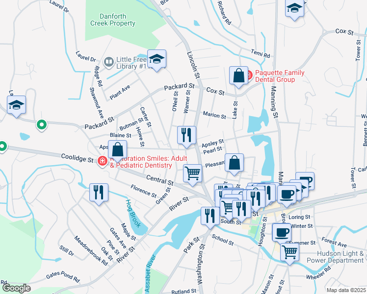 map of restaurants, bars, coffee shops, grocery stores, and more near 43 Warner Street in Hudson