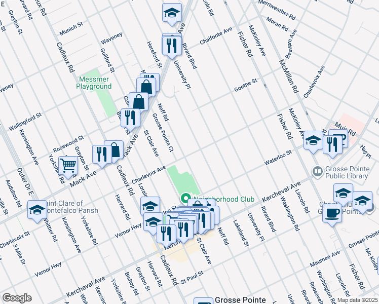 map of restaurants, bars, coffee shops, grocery stores, and more near 748 Lakeland Street in Grosse Pointe