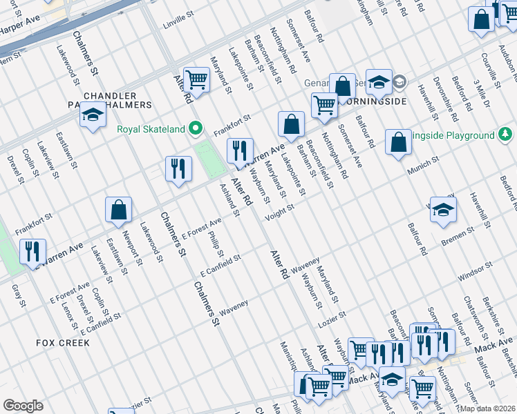 map of restaurants, bars, coffee shops, grocery stores, and more near 4796 Alter Road in Detroit