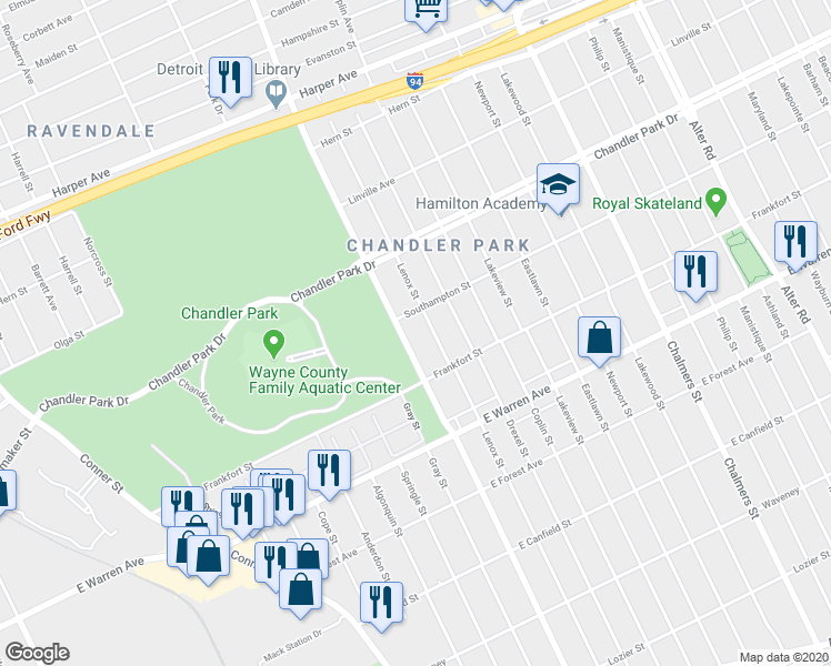 map of restaurants, bars, coffee shops, grocery stores, and more near 5312 Lenox Street in Detroit