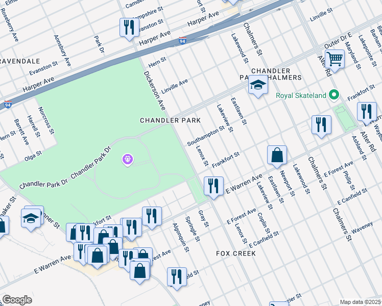 map of restaurants, bars, coffee shops, grocery stores, and more near 5312 Lenox Street in Detroit