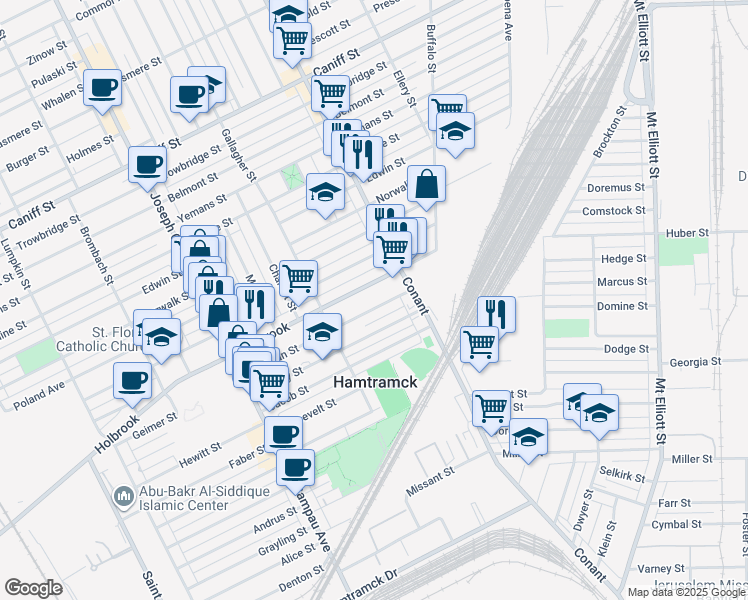 map of restaurants, bars, coffee shops, grocery stores, and more near 3462 Holbrook Avenue in Hamtramck