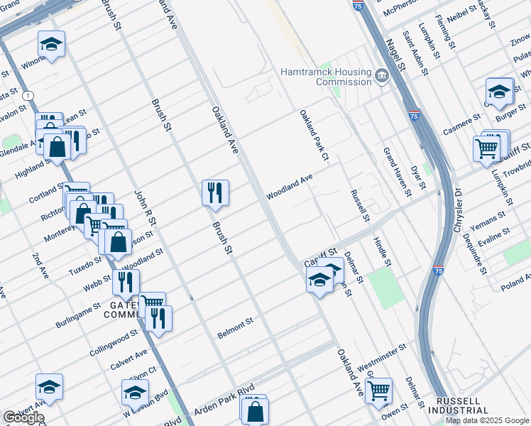 map of restaurants, bars, coffee shops, grocery stores, and more near 11646 Oakland Avenue in Detroit