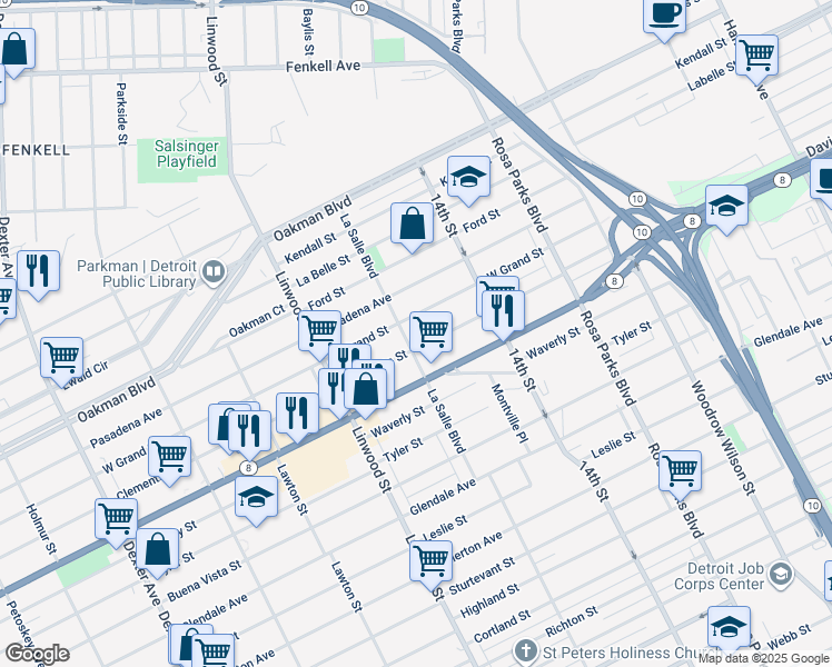map of restaurants, bars, coffee shops, grocery stores, and more near 2326 Grand Street in Detroit