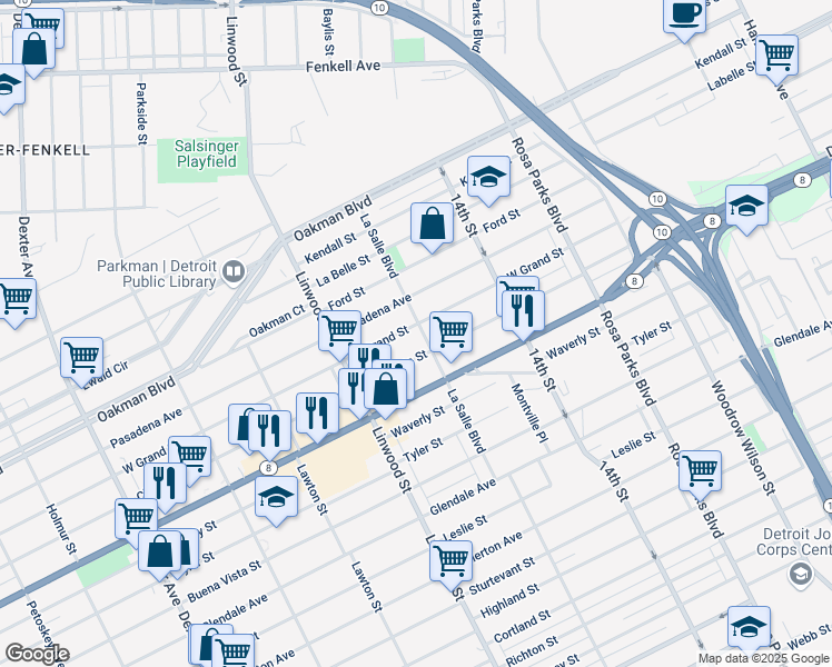 map of restaurants, bars, coffee shops, grocery stores, and more near 2427 Pasadena Street in Detroit