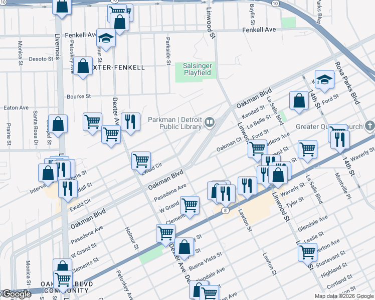 map of restaurants, bars, coffee shops, grocery stores, and more near 1865 Ewald Circle in Detroit