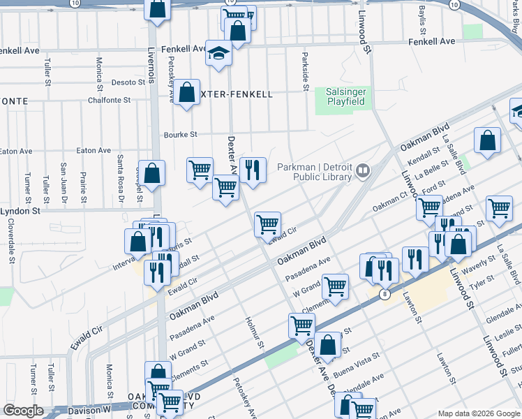 map of restaurants, bars, coffee shops, grocery stores, and more near 3309 Doris Street in Detroit