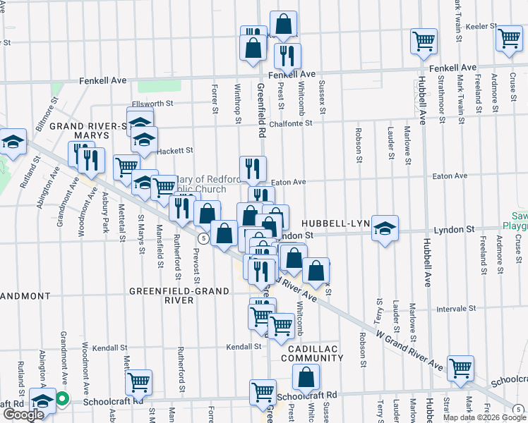 map of restaurants, bars, coffee shops, grocery stores, and more near 14625 Greenfield Road in Detroit