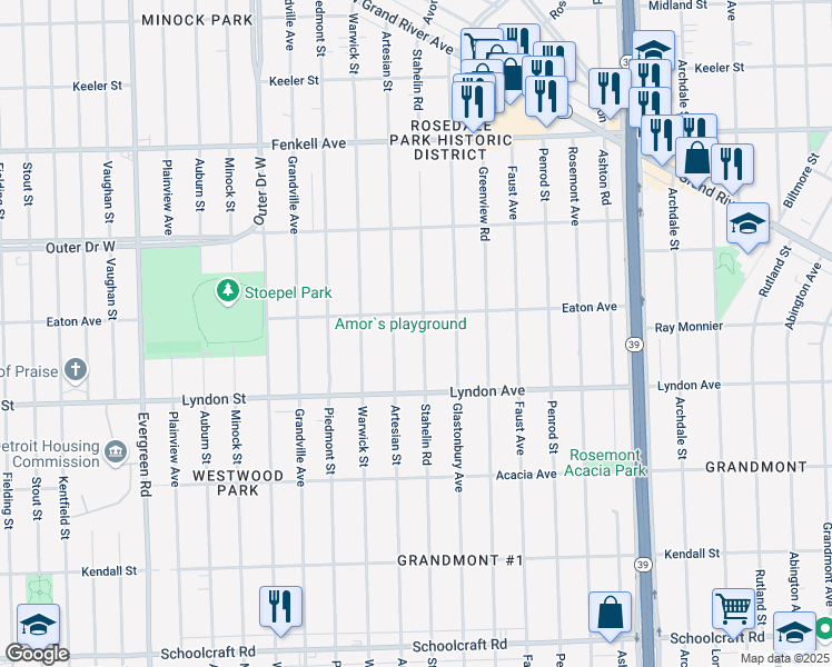 map of restaurants, bars, coffee shops, grocery stores, and more near 14804 Stahelin Road in Detroit
