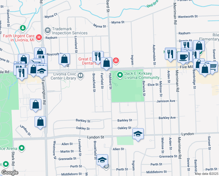 map of restaurants, bars, coffee shops, grocery stores, and more near 15101 Hubbard Street in Livonia
