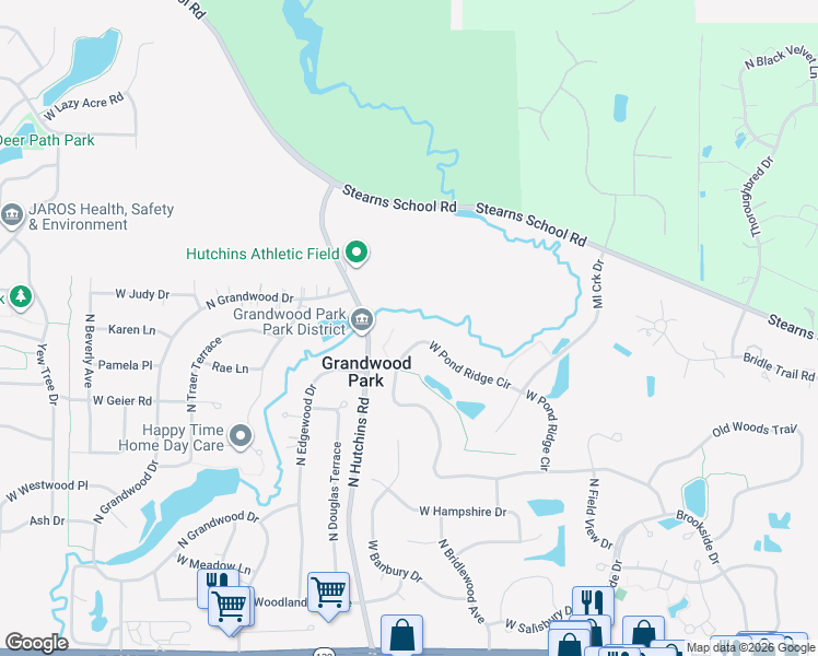map of restaurants, bars, coffee shops, grocery stores, and more near 18077 West Pond Ridge Circle in Gurnee