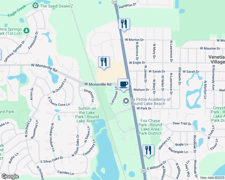 map of restaurants, bars, coffee shops, grocery stores, and more near 610 London Court in Round Lake Beach