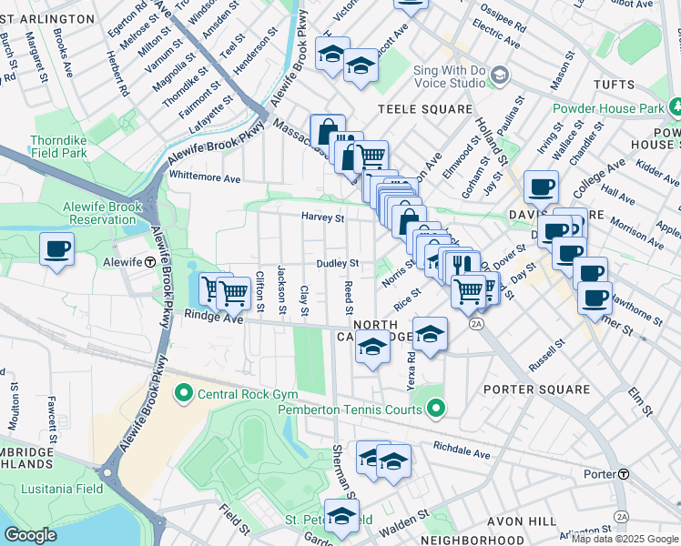 map of restaurants, bars, coffee shops, grocery stores, and more near 91 Montgomery Street in Cambridge