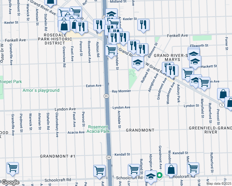 map of restaurants, bars, coffee shops, grocery stores, and more near 14631 Archdale Street in Detroit