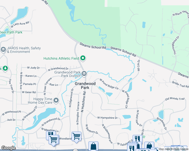 map of restaurants, bars, coffee shops, grocery stores, and more near 18077 W Pond Ridge Cir in Gurnee