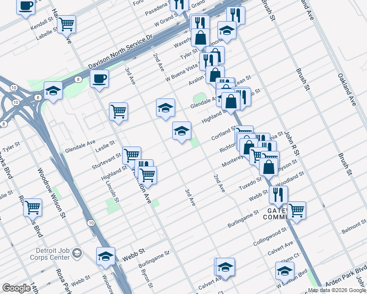 map of restaurants, bars, coffee shops, grocery stores, and more near 138 Cortland Street in Highland Park