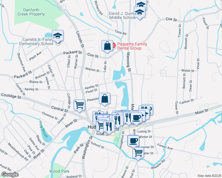map of restaurants, bars, coffee shops, grocery stores, and more near 11 Lake Street in Hudson