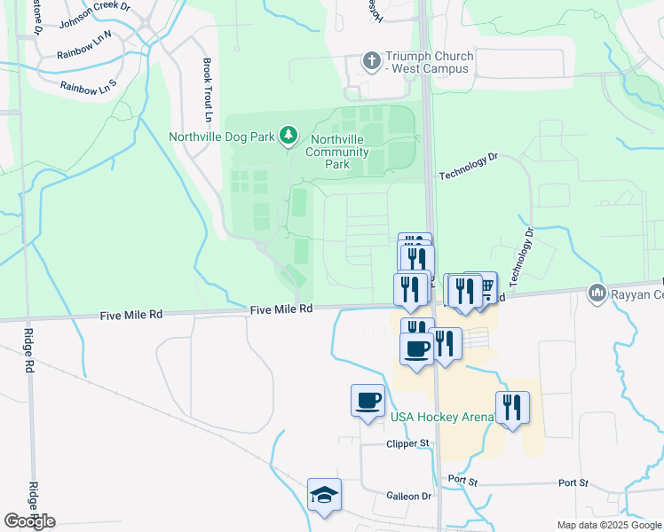 map of restaurants, bars, coffee shops, grocery stores, and more near 47924 Fieldstone Drive in Northville