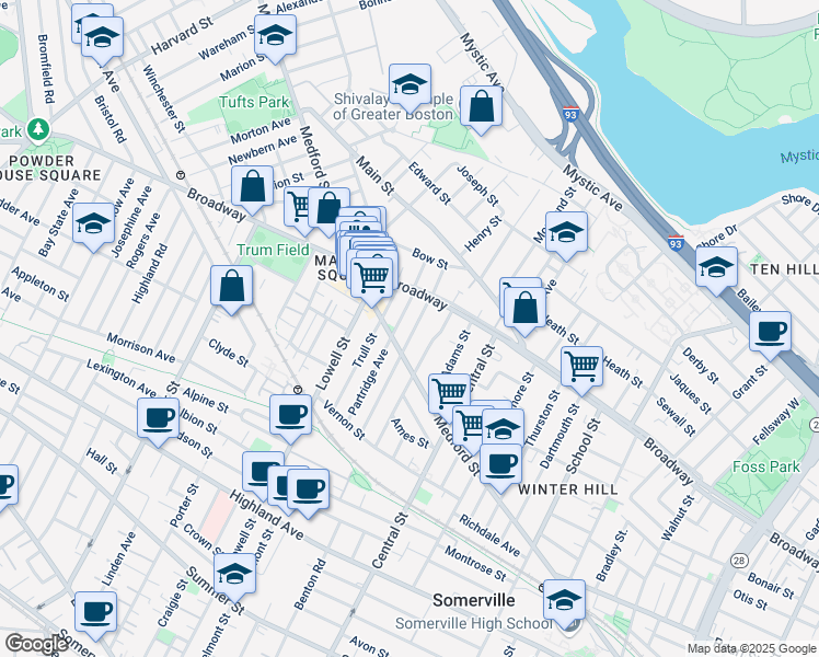 map of restaurants, bars, coffee shops, grocery stores, and more near 112 Glenwood Road in Somerville