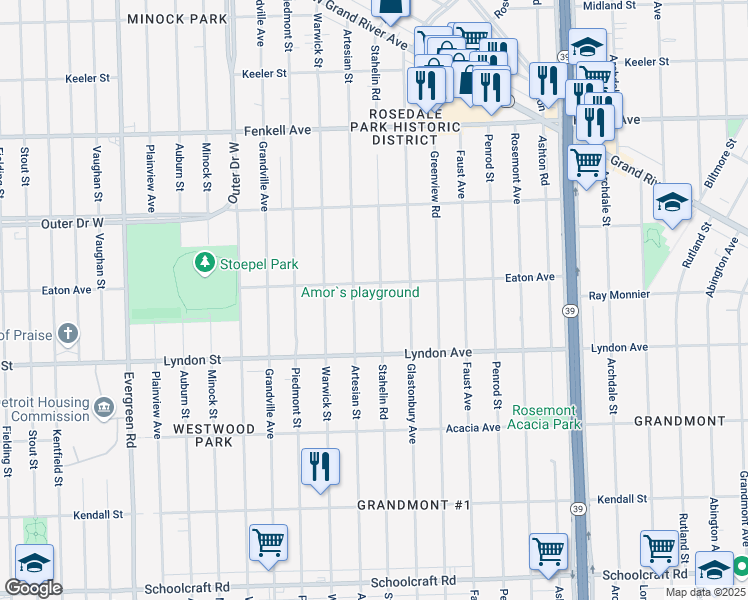map of restaurants, bars, coffee shops, grocery stores, and more near 14804 Stahelin Road in Detroit