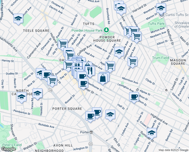 map of restaurants, bars, coffee shops, grocery stores, and more near 373 Highland Avenue in Somerville