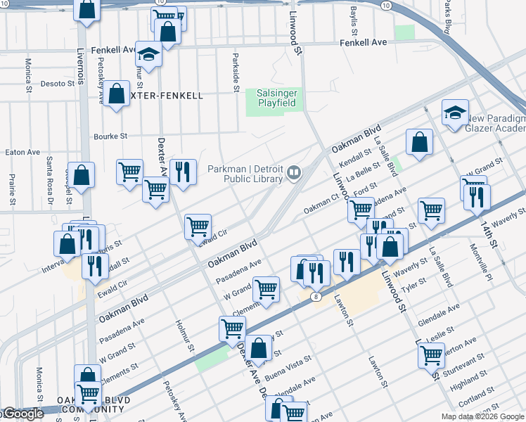 map of restaurants, bars, coffee shops, grocery stores, and more near 1865 Ewald Circle in Detroit