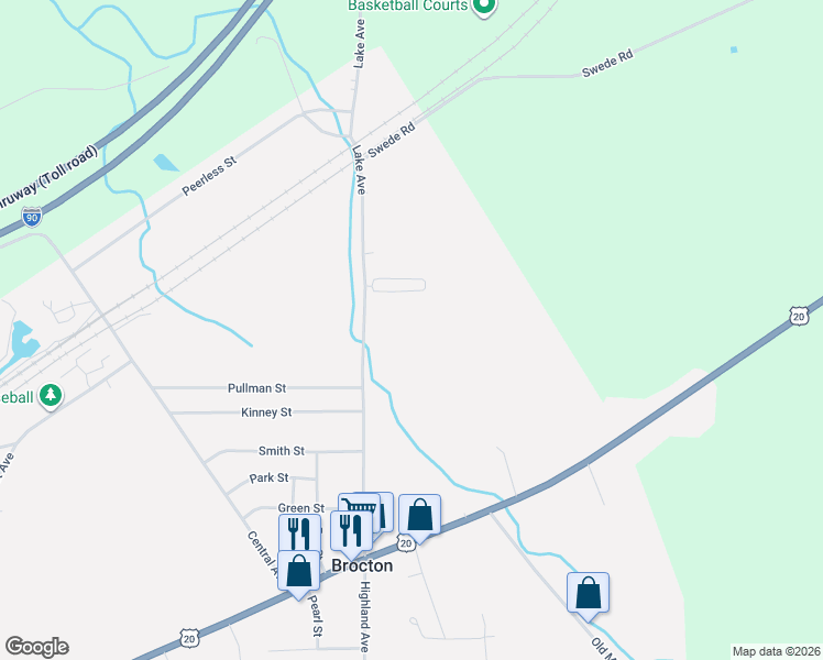 map of restaurants, bars, coffee shops, grocery stores, and more near 117 Lake Avenue in Brocton