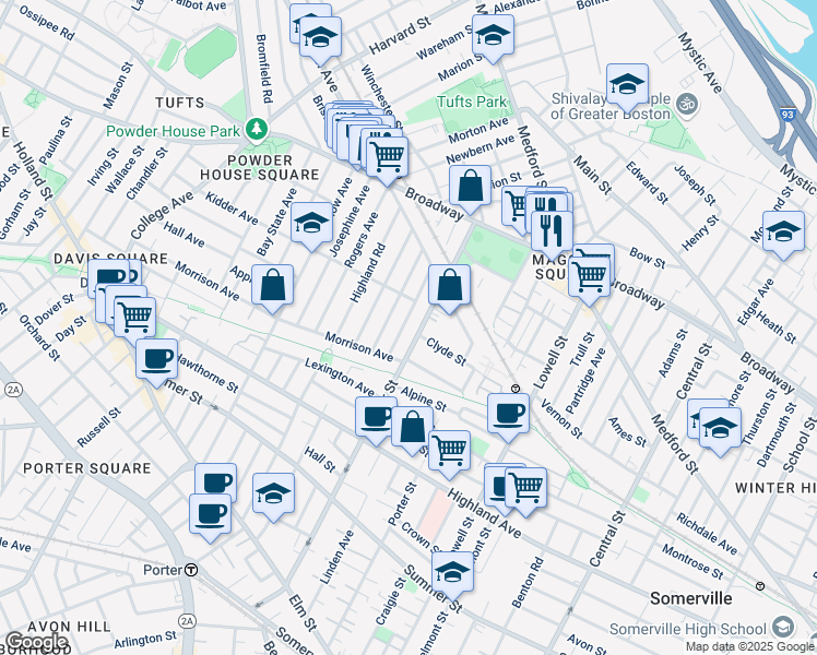 map of restaurants, bars, coffee shops, grocery stores, and more near 27 Boston Avenue in Somerville