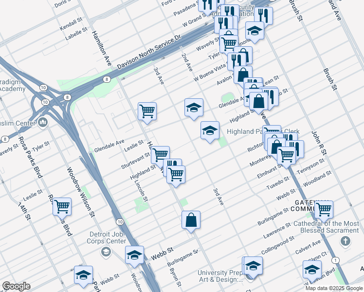 map of restaurants, bars, coffee shops, grocery stores, and more near 200 Highland Street in Highland Park