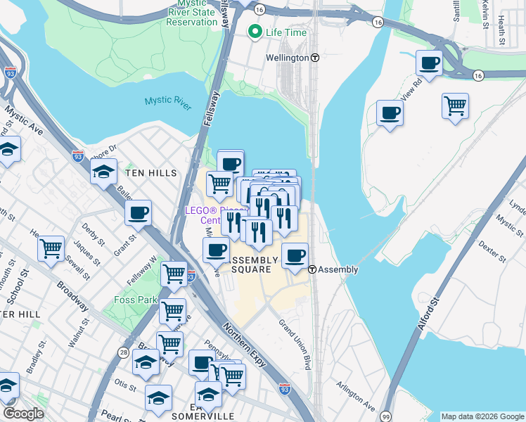 map of restaurants, bars, coffee shops, grocery stores, and more near 333 Great River Road in Somerville