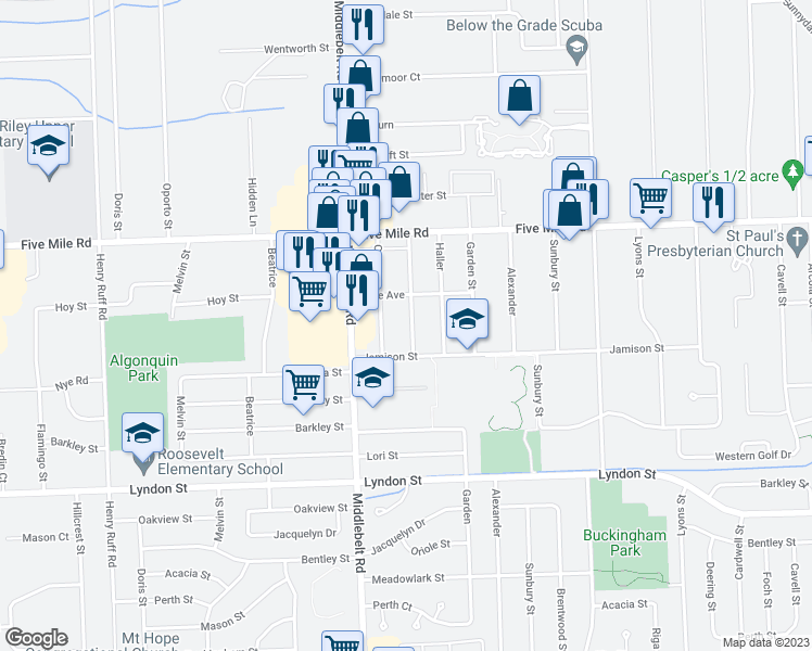 map of restaurants, bars, coffee shops, grocery stores, and more near 14953 Paderewski in Livonia