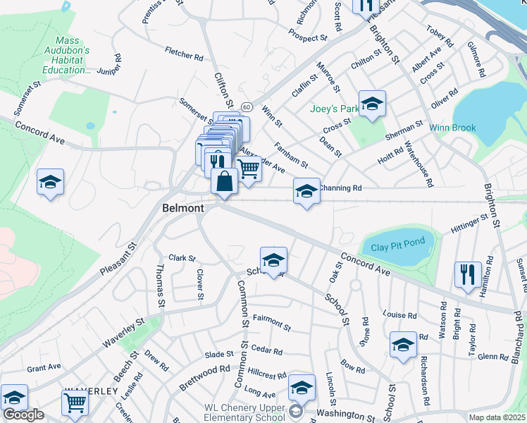 map of restaurants, bars, coffee shops, grocery stores, and more near 77 Channing Road in Belmont